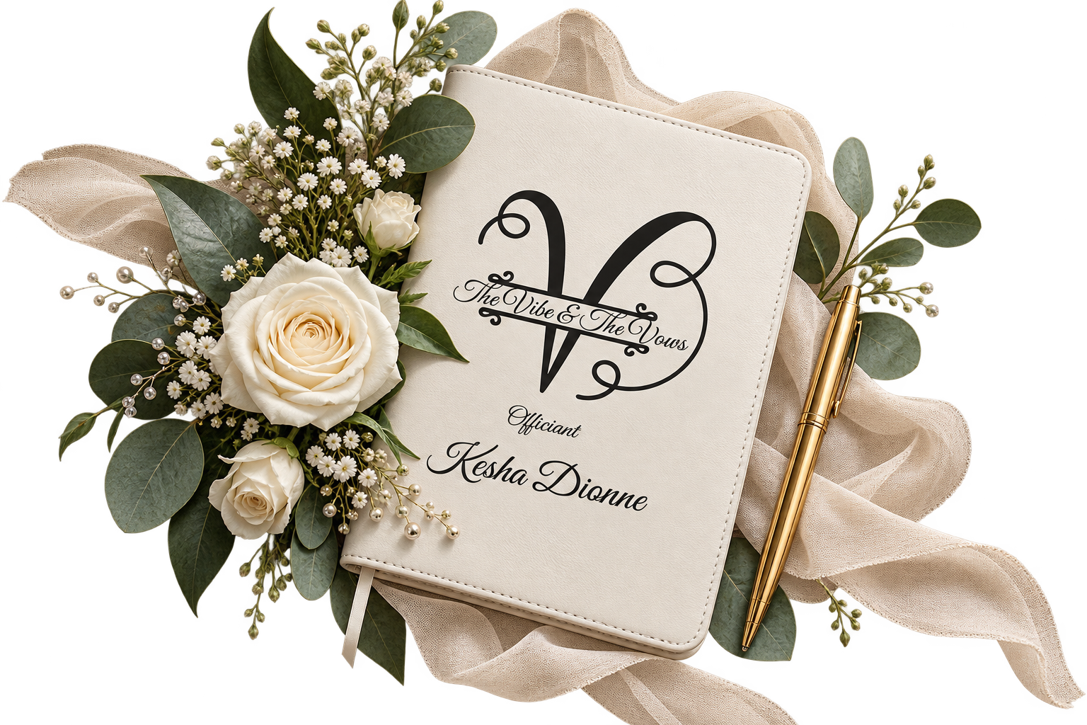 The Vibe & The Vows ceremony binder arranged with ivory roses, greenery, ribbon, and a gold pen