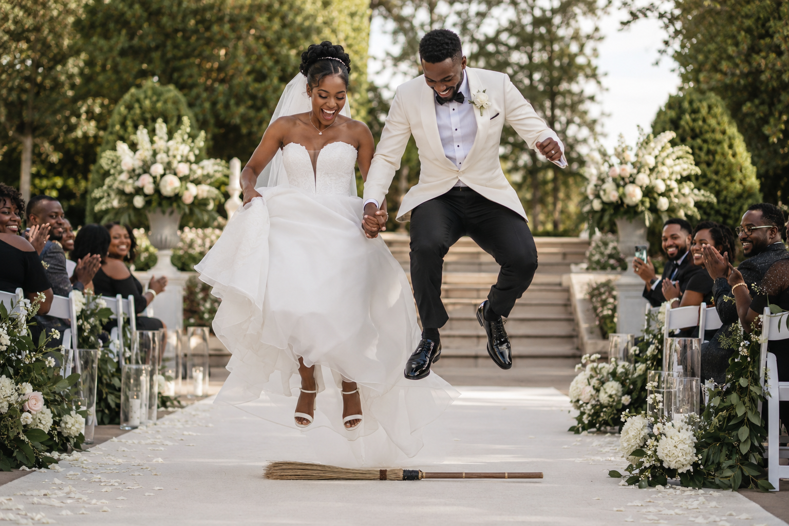 Newlyweds joyfully jumping the broom during their outdoor wedding ceremony