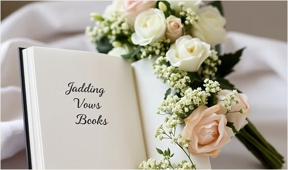 Open wedding vow books beside soft white and blush flowers